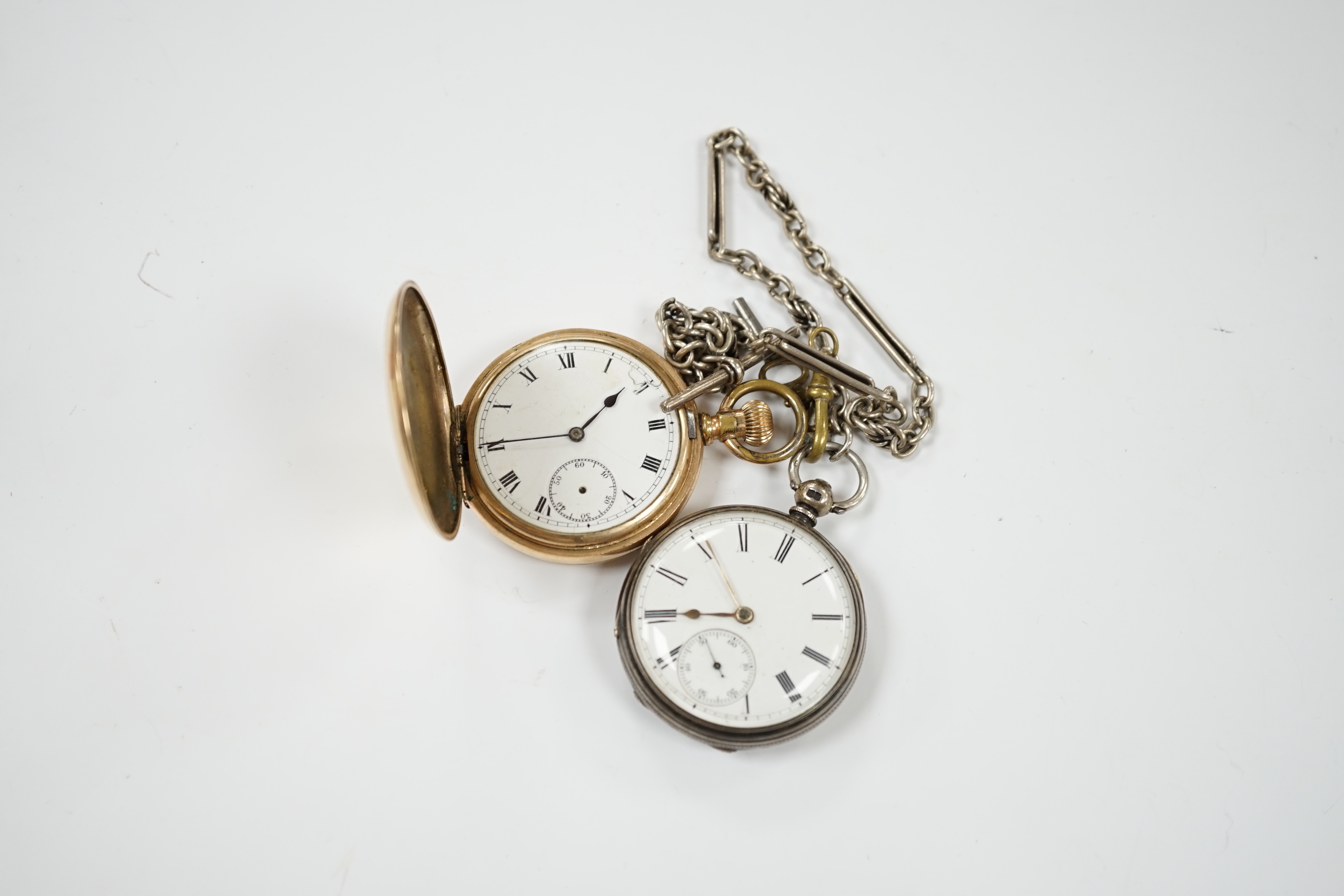 A 1920's silver open face pocket watch and a gold plated hunter pocket watch.